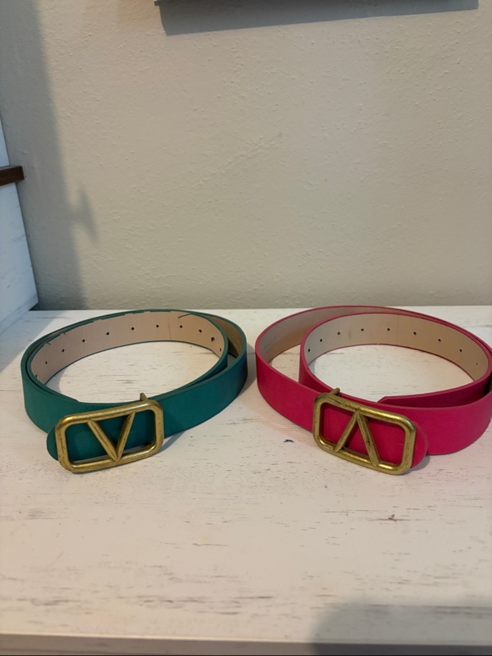 Teal and Hot Pink Women's Leather Belts with Gold Buckle - Set of 2